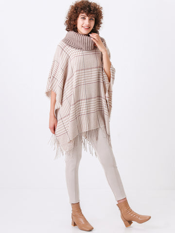 Neutral Plaid Fringe Turtleneck Poncho